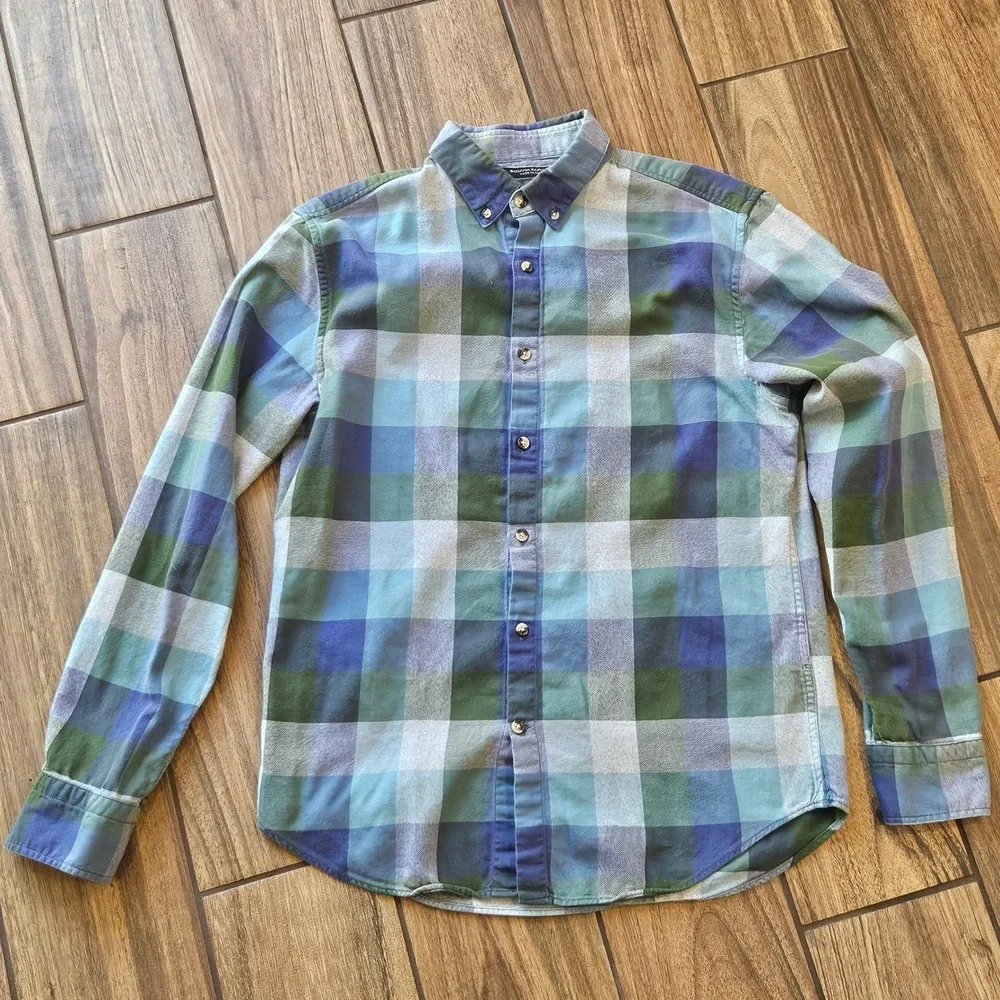 Banana Republic Luxe Flannel Shirt Mens Sm‎ Camden Fit Blue Green Buffalo Check